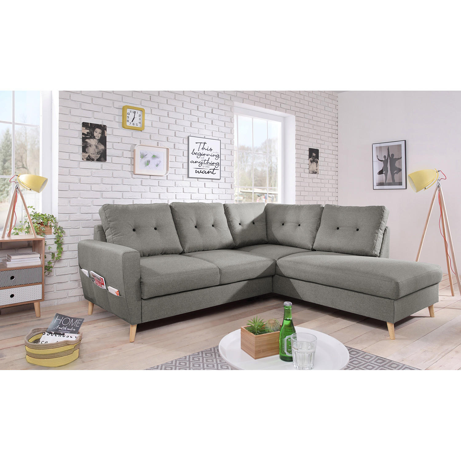 ECKSOFA mit Ottomane - Webstoff - Hellbraun/Grau, Textil (230/200cm) - home24