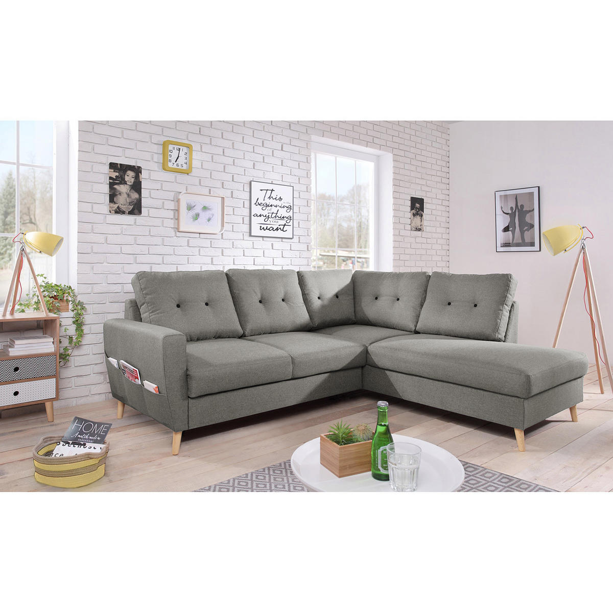 ECKSOFA mit Ottomane - Webstoff - Hellbraun/Grau, Textil (230/200cm) - home24