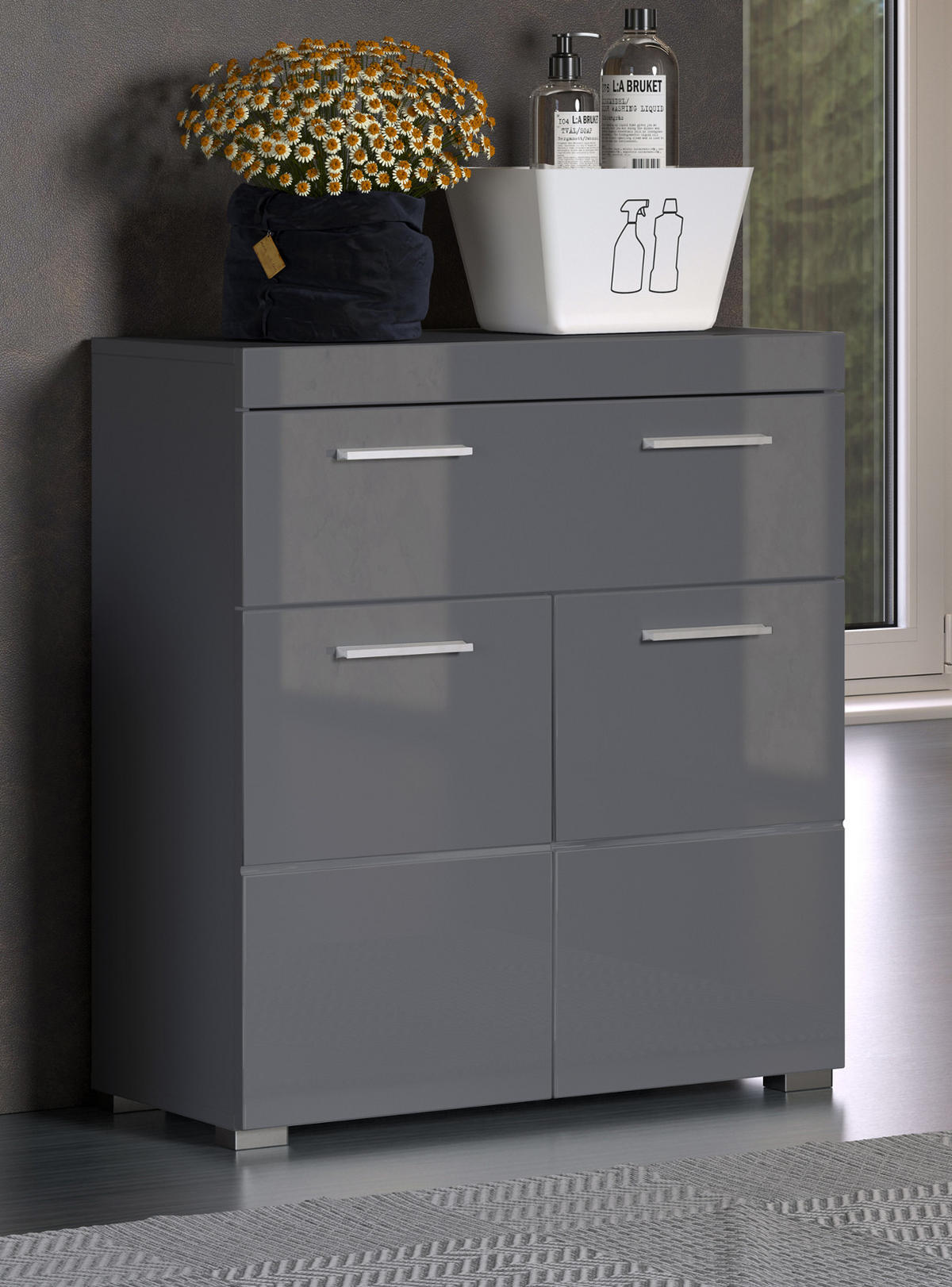 BADKOMMODE grau Hochglanz 73 x 79 cm, Badzimmer Kommode mit viel Stauraum - Grau, Holzwerkstoff/Kunststoff (73/79/31cm) - Top.Furn