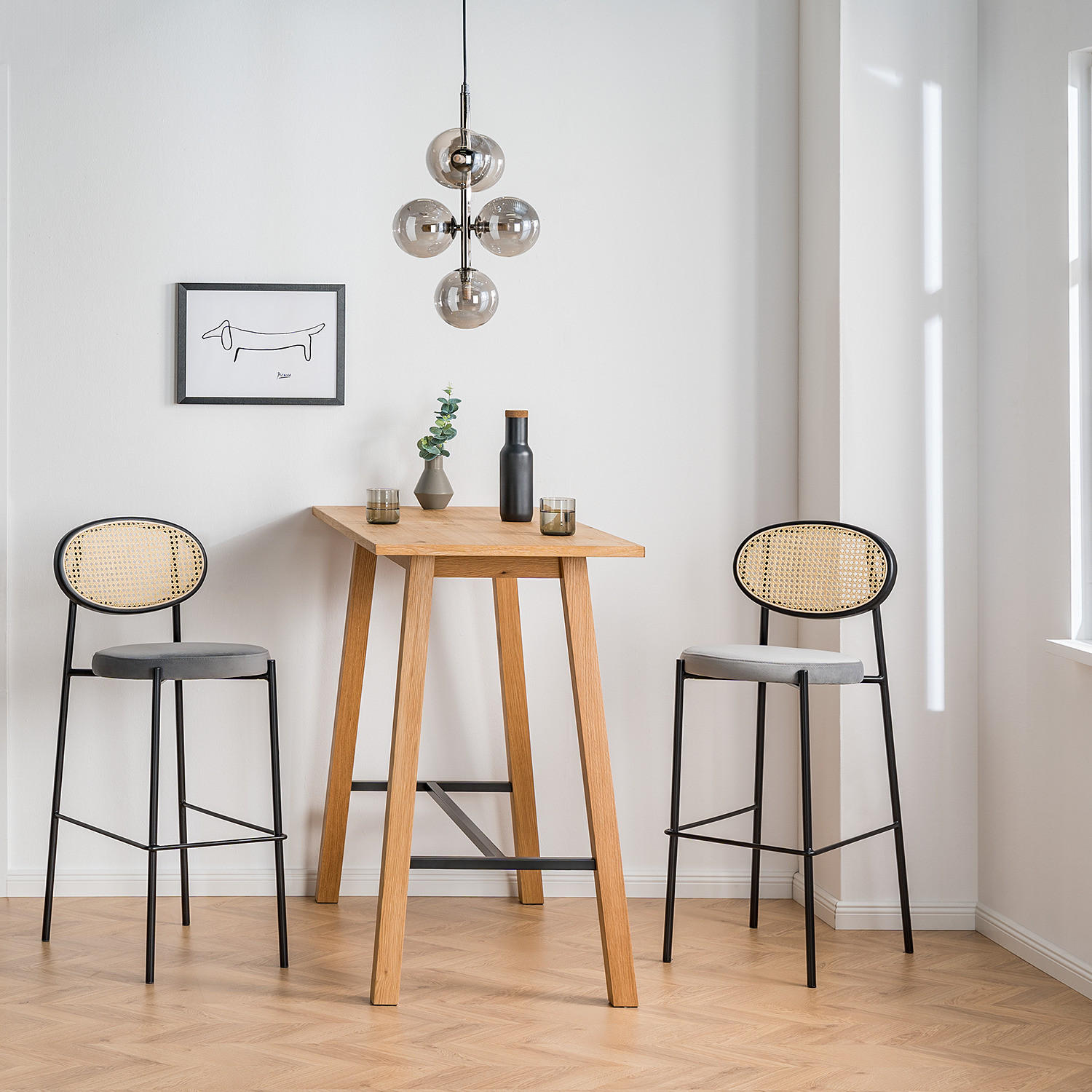 BARSTUHL - Rattan & Webstoff / Metall, 2er-Set - Hellgrau, Naturmaterialien (53/106/42cm) - home24