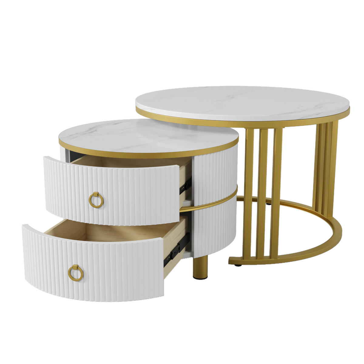 COUCHTISCH-SET, MDF mit Marmormuster und Hochglanzplatte, 2 runde Tische mit Schubladen, 70/70/46 + 50/50/40 cm, Gold und Weiß - Weiß, Holzwerkstoff (70/70/46cm) - Redom