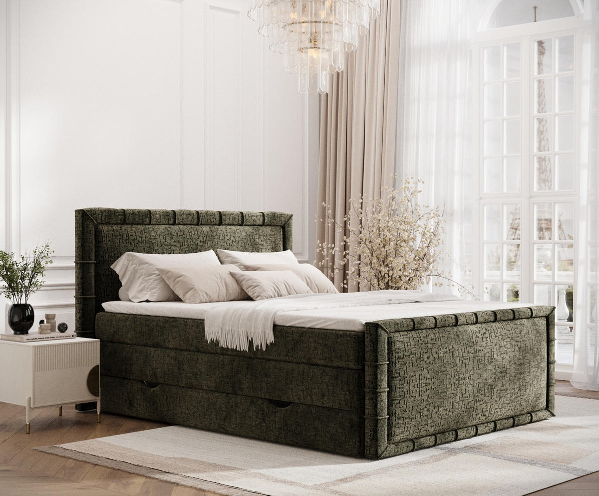 BOXBETT Estelle Olivgrün 200/200 cm im Chenille-Stoff - Schwarz/Olivgrün, Holz/Holzwerkstoff (200/200cm) - Maison de Reve