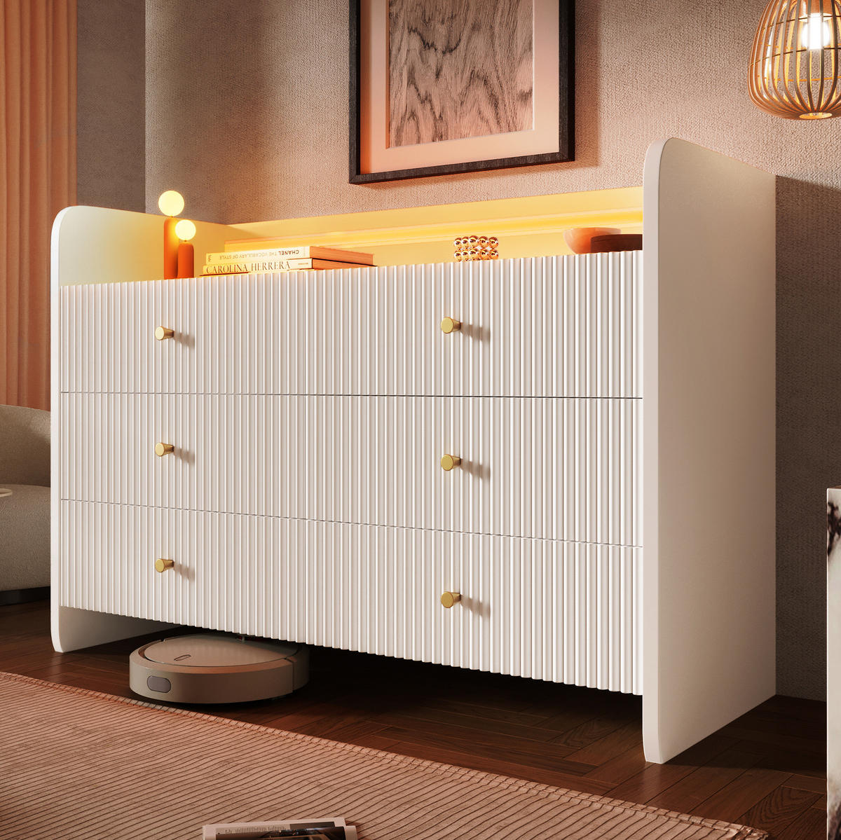 SIDEBOARD 120/40/75 cm Weiß aus Metall und Spanplatte mit LED-Beleuchtung - Weiß, Holzwerkstoff (40/75/120cm) - OKMYHOME