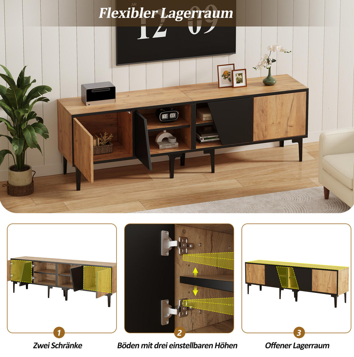 TV-LOWBOARD aus Spanplatte 160x36,5x45 cm Naturholz/Schwarz mit 4 Fächern - Hellbraun, Holzwerkstoff (160/45/36.5cm) - IVMEU