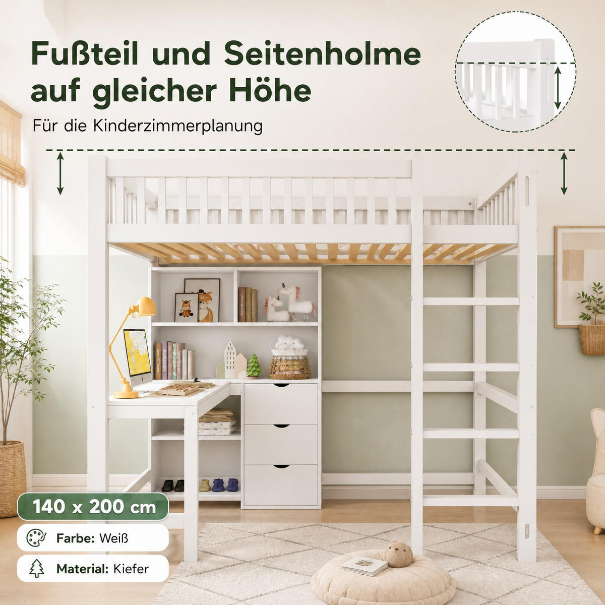 HOCHBETT 140/200 cm aus Kiefernholz mit Schreibtisch und Stauraum Weiß - Weiß, Holz (140/200cm) - Modenvie