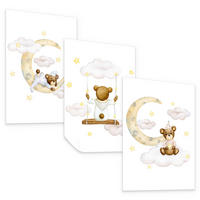 SADA PLAGÁTOV Do Detskej Izby Mackovia Mesiace Oblaky Hviezdy 3x Plagát A3 30 x 42 cm - hnedá/žltá, papier (30/42/1cm) - Muralo