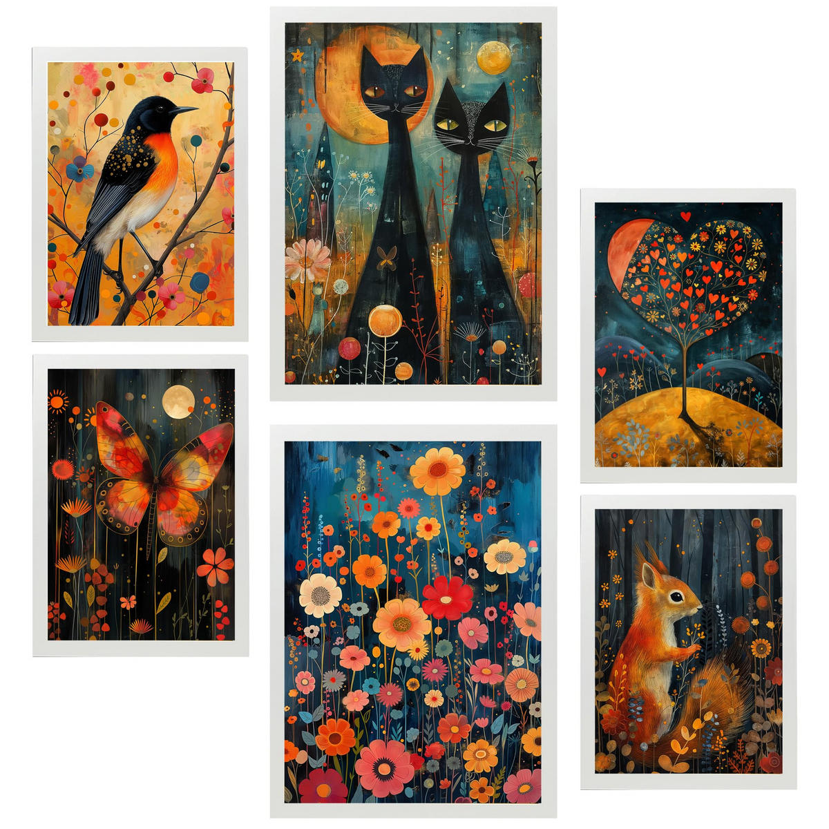 POSTER Set Mit 6 Tiere & Natur Inspiriert Von Rosina Wachtmeister A3 & A4 Weißer Rahmen - Weiß, Papier (29/3cm) - Nacnic