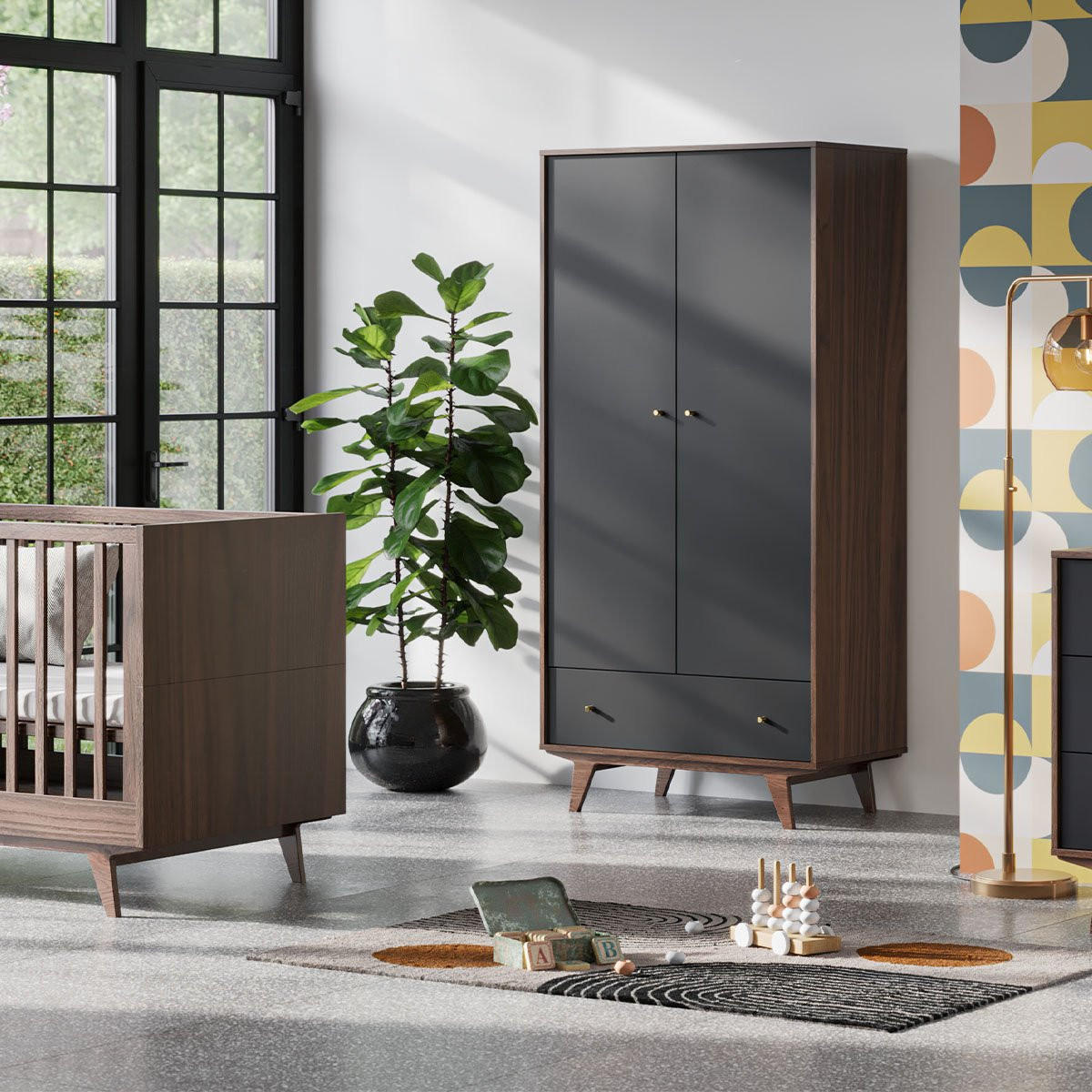KLEIDERSCHRANK 2 Türen 1 Schublade Mid - H185 cm - Schwarz, Holzwerkstoff (50/185/90cm) - Calicosy