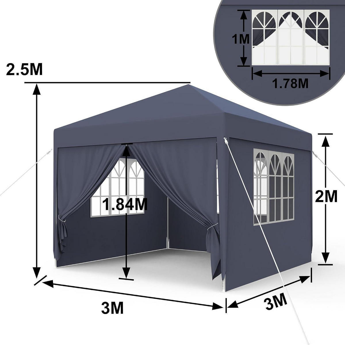 GARTENPAVILLON 3 x 3 m Anthrazit mit Seitenteilen und Fenstern - Anthrazit, Textil (300/250/300cm)