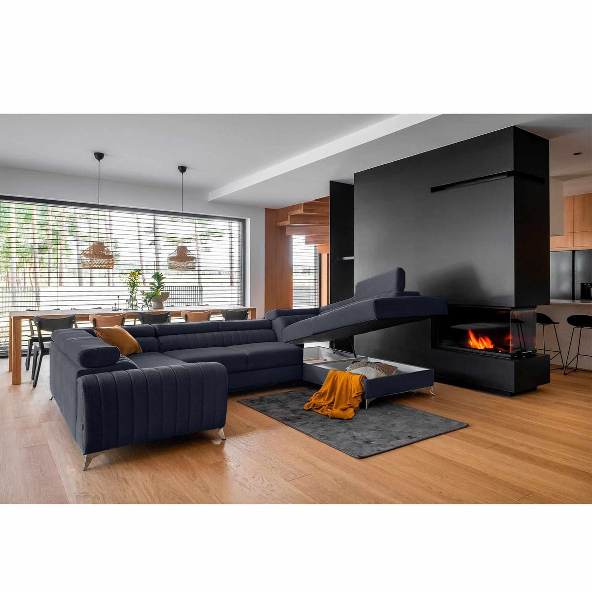 WOHNLANDSCHAFT mit Schlaffunktion und Bettkasten - Silberfarben/Dunkelblau, Textil/Metall (347/92/202cm) - Eltap