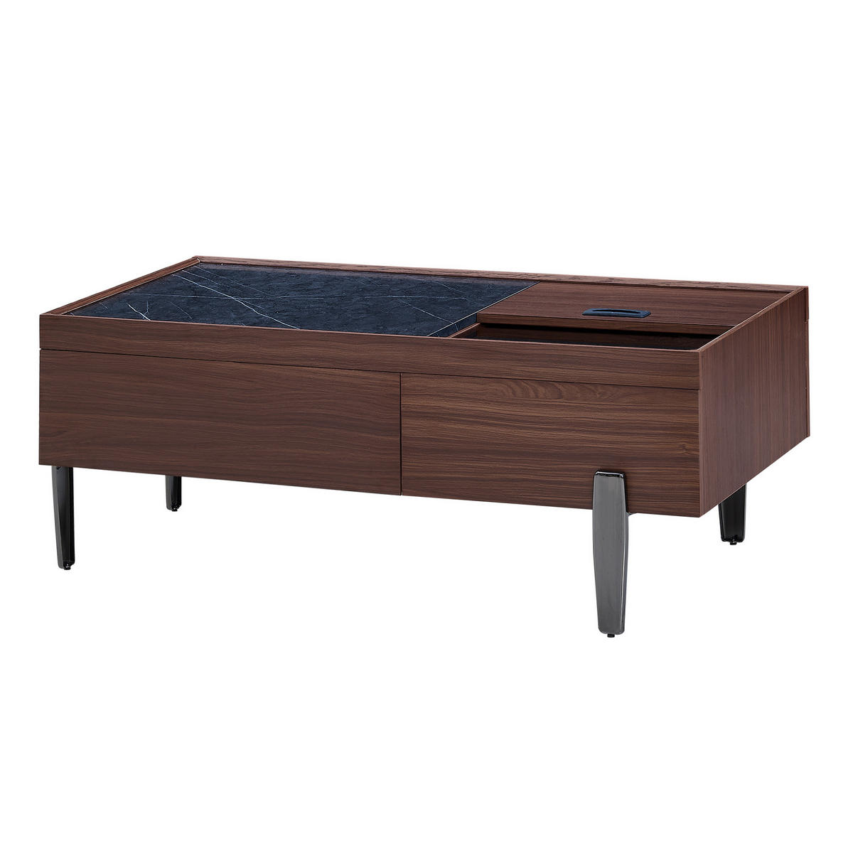 COUCHTISCH mit Schubladen & Glasplatte, MDF dunkelbraun, silbergraue Metallbeine, 105/50/41,5 cm, Dunkelbraun und dunkles Marmormuster - Dunkelbraun, Holzwerkstoff (105/50/41.5cm) - Redom