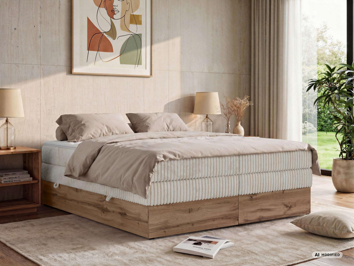 BOXSPRINGBETT WOOD ZERO KING 160/200 - Beige Cord - Topper Visco - H3 - Beige/Schwarz, Kunststoff/Textil (160/200cm) - MKS