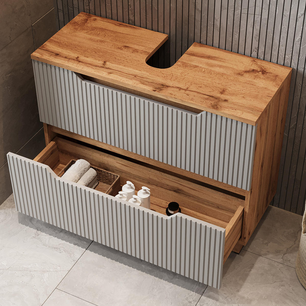 WASCHBECKENUNTERSCHRANK Lotta Eiche/grau gestreift 79.6 x 62.5 cm mit 2 Schubladen - Eichefarben/Grau, Holzwerkstoff (79.6/62.5/32cm) - Vicco