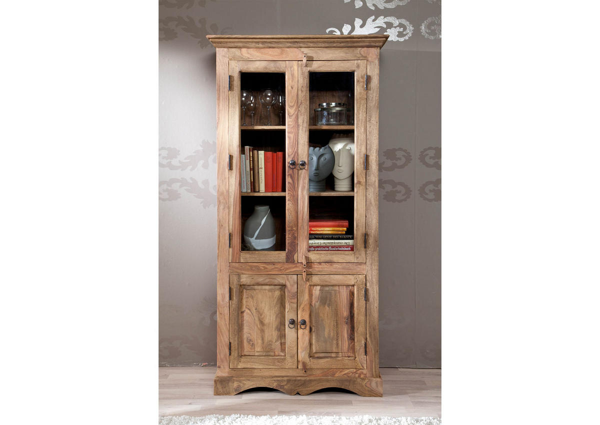 VITRINE Sheesham 90x40x190 grau geölt LEEDS #47 - Grau, Holz (90/190/40cm) - Massivmoebel24