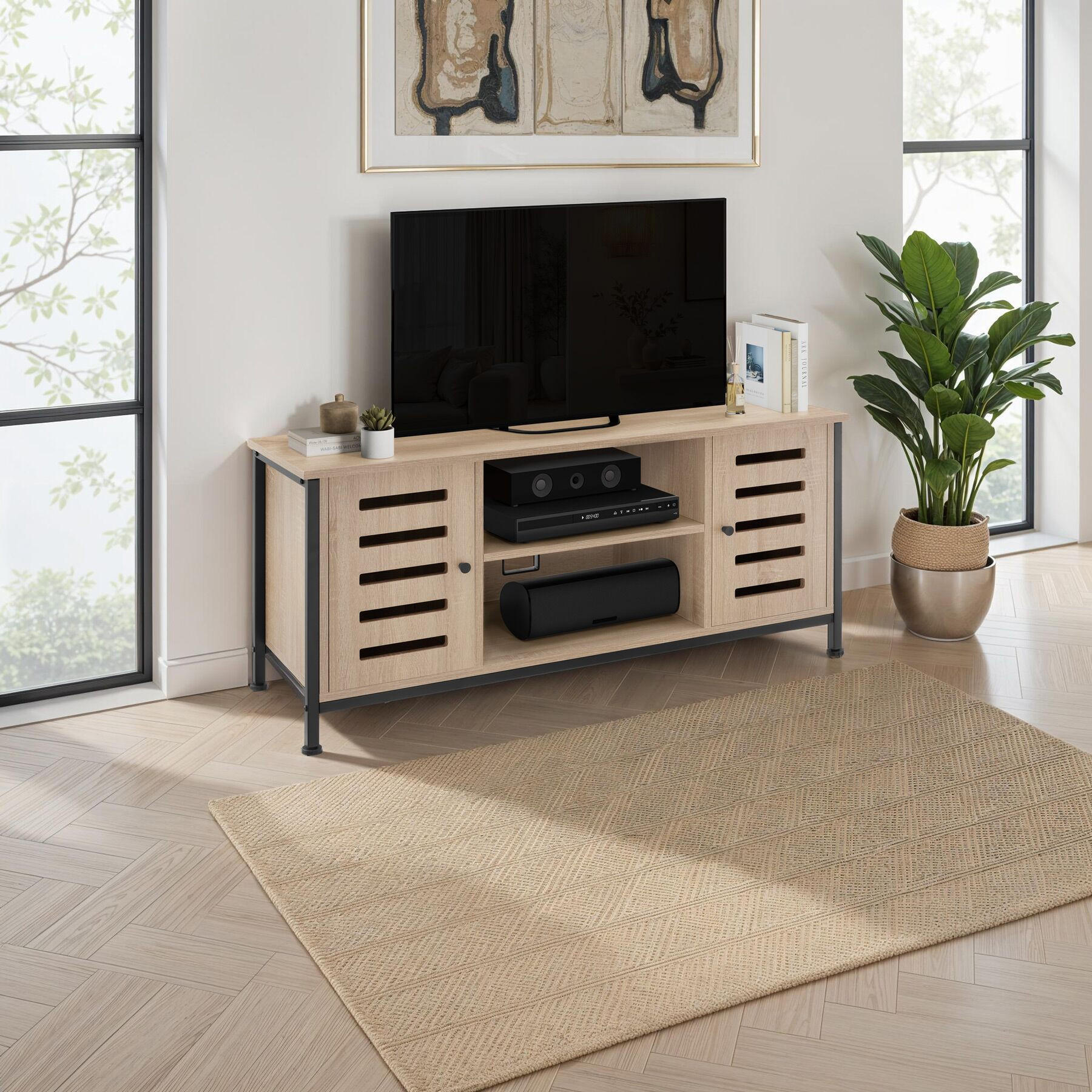 Thumbnail - tectake Tv-Board, Natur, Holzwerkstoff, Beton Optik, Quadratisch, 41.5x50.5x110 cm, Wohnzimmer, Wohnwände, Lowboards, Lo...