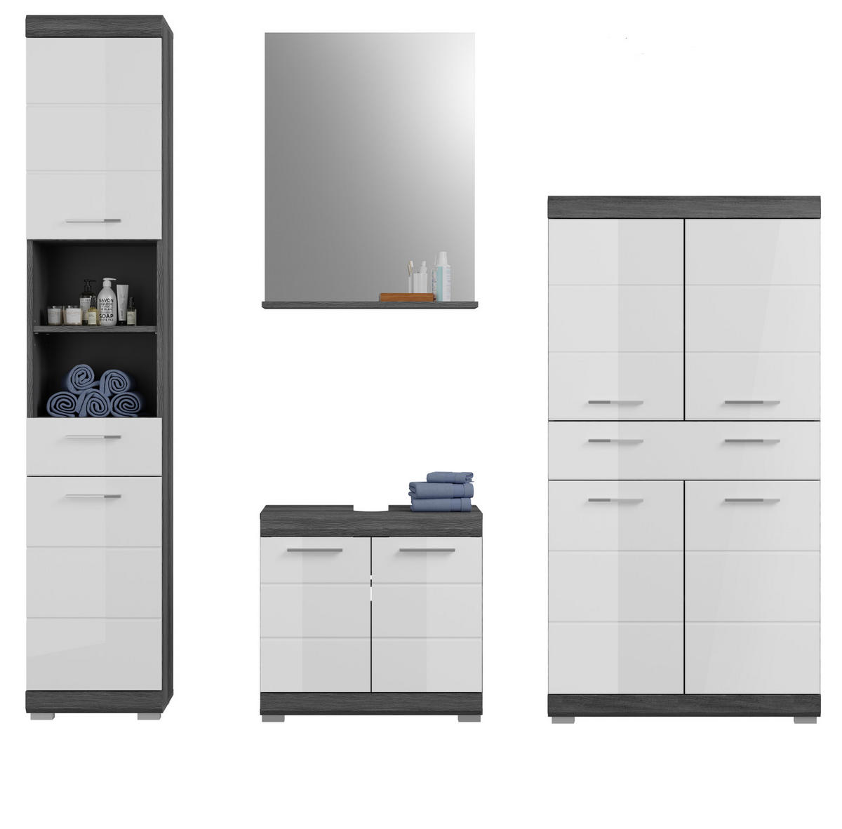 BADMÖBEL-SET weiß Hochglanz, grau 4-teilig 186 cm, Kombination mit viel Stauraum - Weiß Hochglanz/Grau, Holzwerkstoff (186/191/34cm) - Inn.Furn
