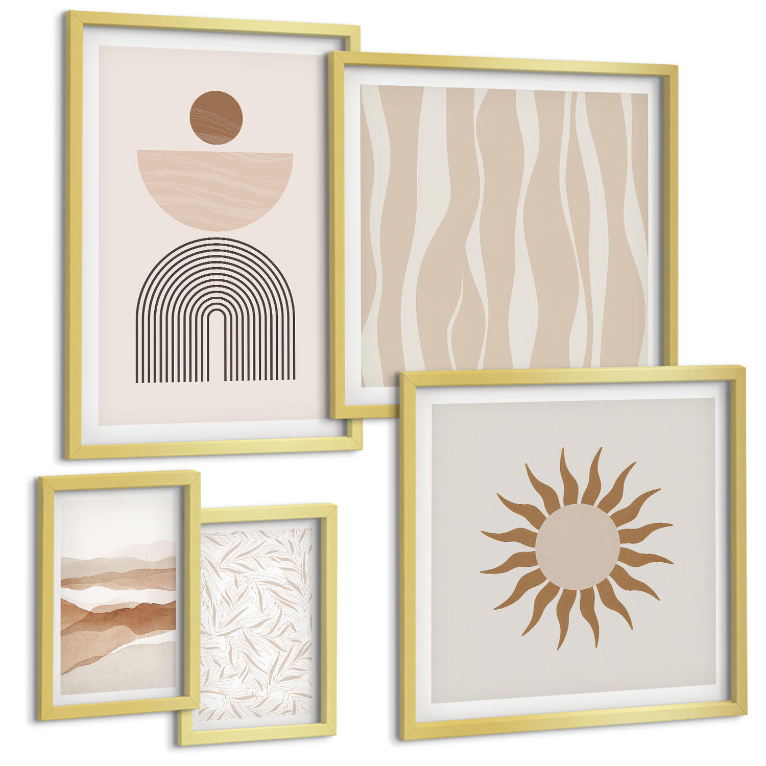 BILDER SET 5er Set - 50x50 cm & 20x30 cm & 40x60 cm Goldrahmen - Abstrakte Landschafts- und Naturgeometrie - Goldfarben, Kunststoff (40/60cm) - TULUP