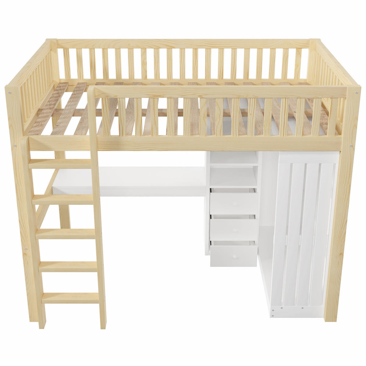HOCHBETT 140/200 cm mit Schreibtisch, Kleiderschrank, 3 Schubladen, Treppe und Geländer, Natur/Weiß - Naturfarben, Holz (140/200cm) - Redom