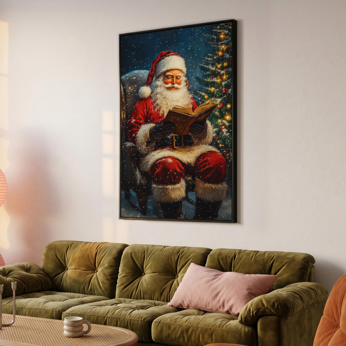 LEINWAND Bilder mit Rahmen - Weihnachtsmann - Weihnachten - Winter - Weihnachtsbaum - 80x120 - Bordeaux, Textil (80/120cm) - MuchoWow