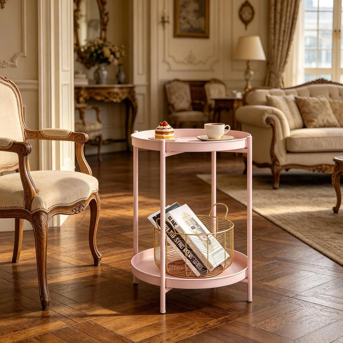 RUNDER Beistelltisch aus Metall 44x44x53 cm Pink mit 2 abnehmbaren Schalen - Pink, Metall (44/44/53cm) - IVMEU