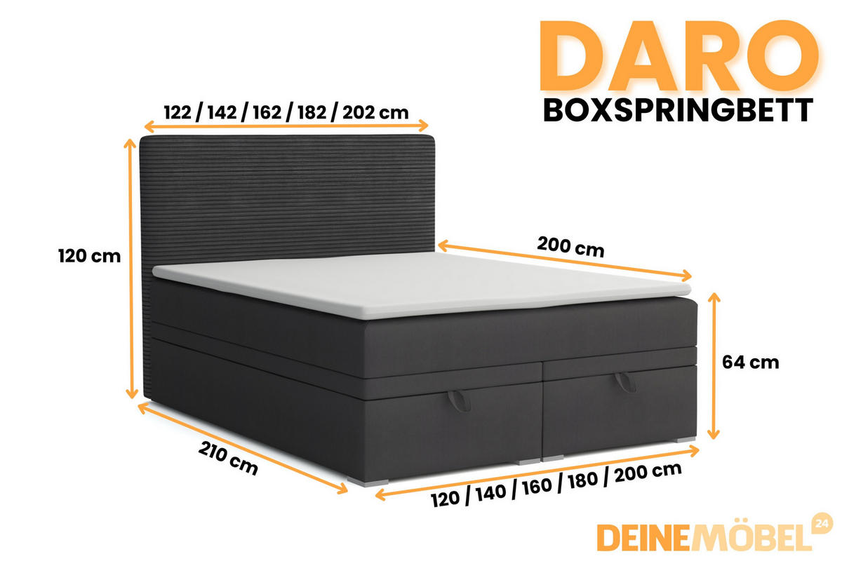 BOXBETT DARO 120/200 in Velour/Cord Antharzit - Anthrazit, Holz/Holzwerkstoff (120/200cm) - Deine Möbel 24