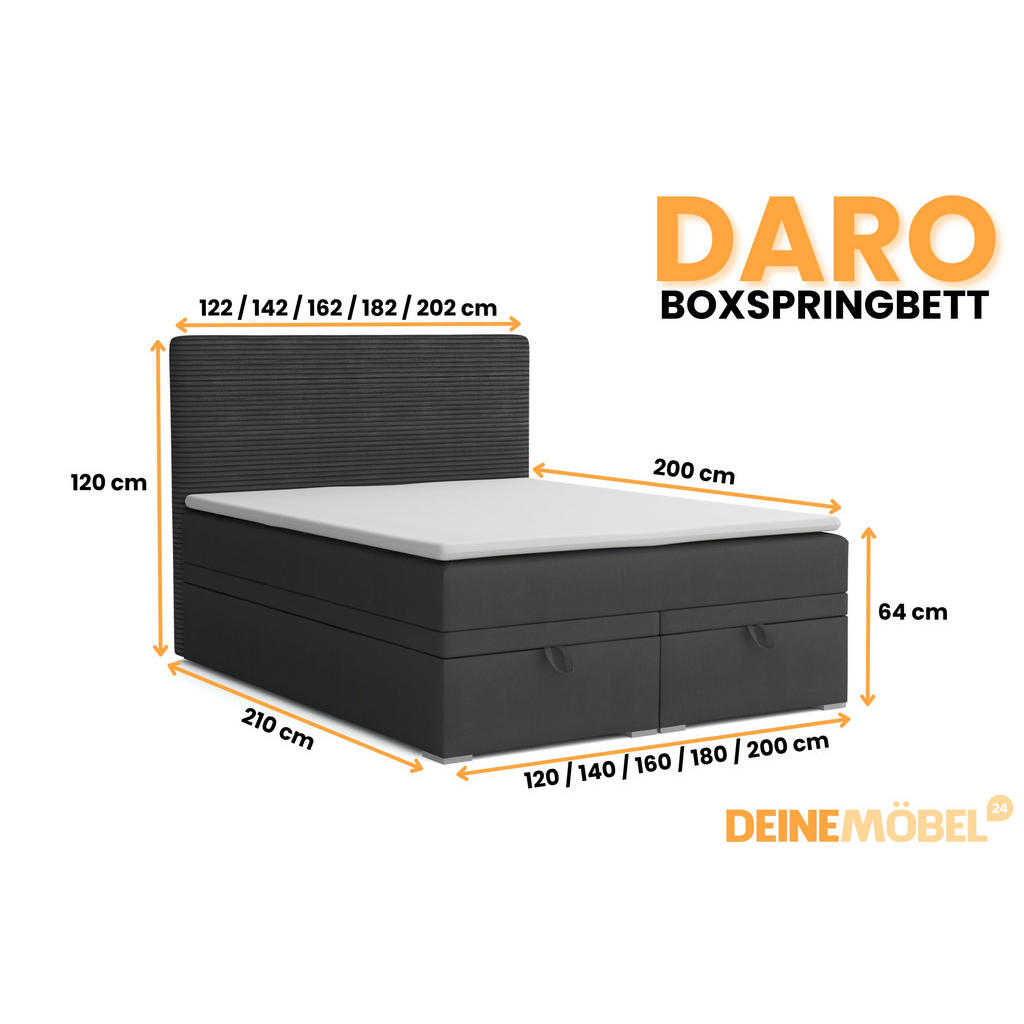 Thumbnail - Deine Möbel 24 Boxbett, Anthrazit, Textil, H4, Höhe ca. 19 cm, 140x200 cm, Schlafzimmer, Betten, Boxspringbetten