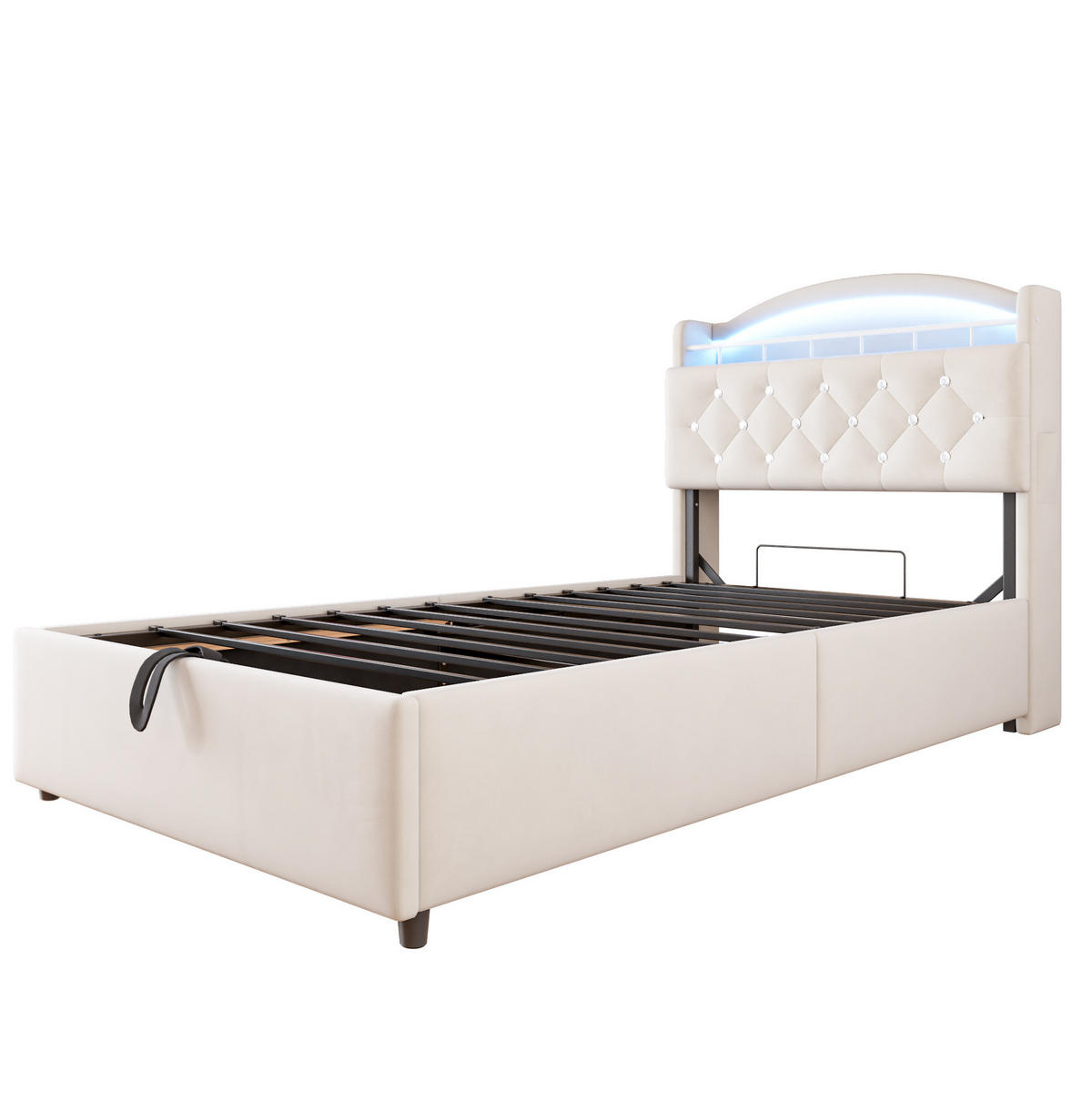 KINDERBETT 90/200 cm mit LED-Beleuchtung, USB-C, Bettkasten und Samtbezug, Beige - Beige, Textil (90/200cm) - Redom