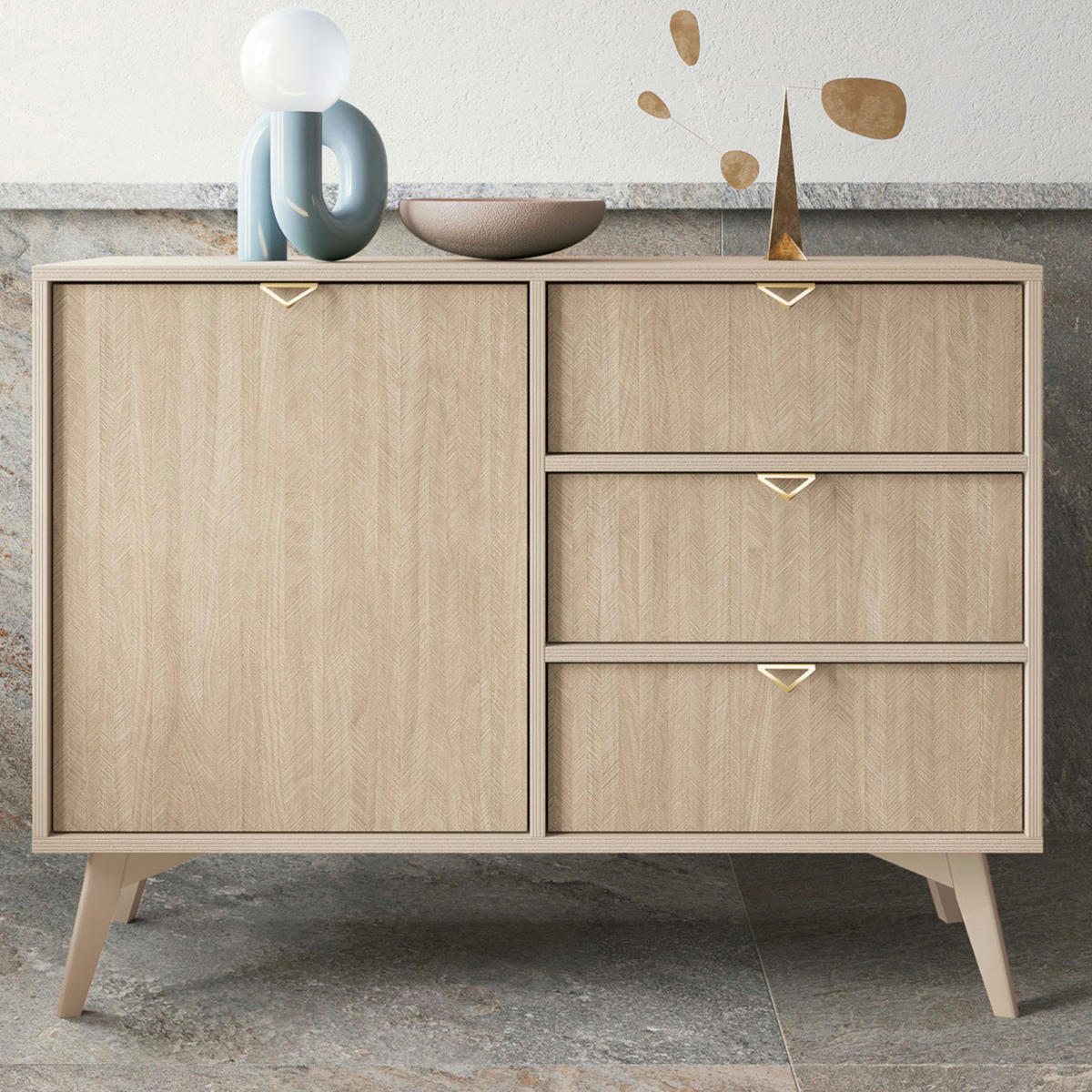 SIDEBOARD TOFINO KOM1-3S Holzbeine Beige Fischgrätenmuster - Eichefarben/Beige, Holz/Holzwerkstoff (106/80/38cm) - Komodee
