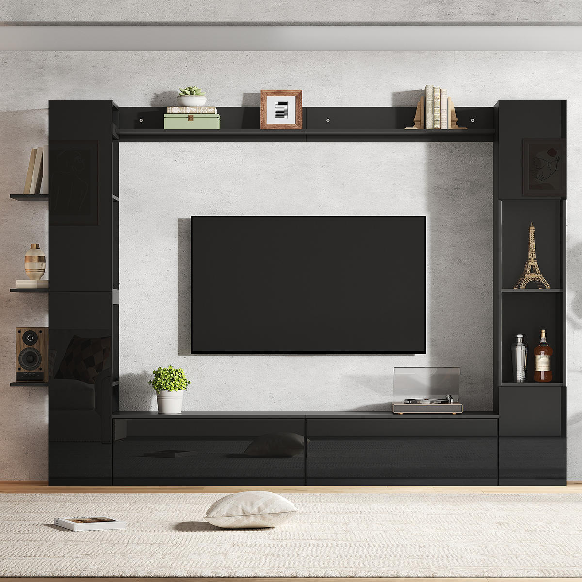 WOHNWAND Moderne Schrank mit TV-Bereich, offenen Regalen & Stauraum Schwarz Groß Holzwerkstoff - Schwarz, Holzwerkstoff (245/170/30cm) - EVRYAE