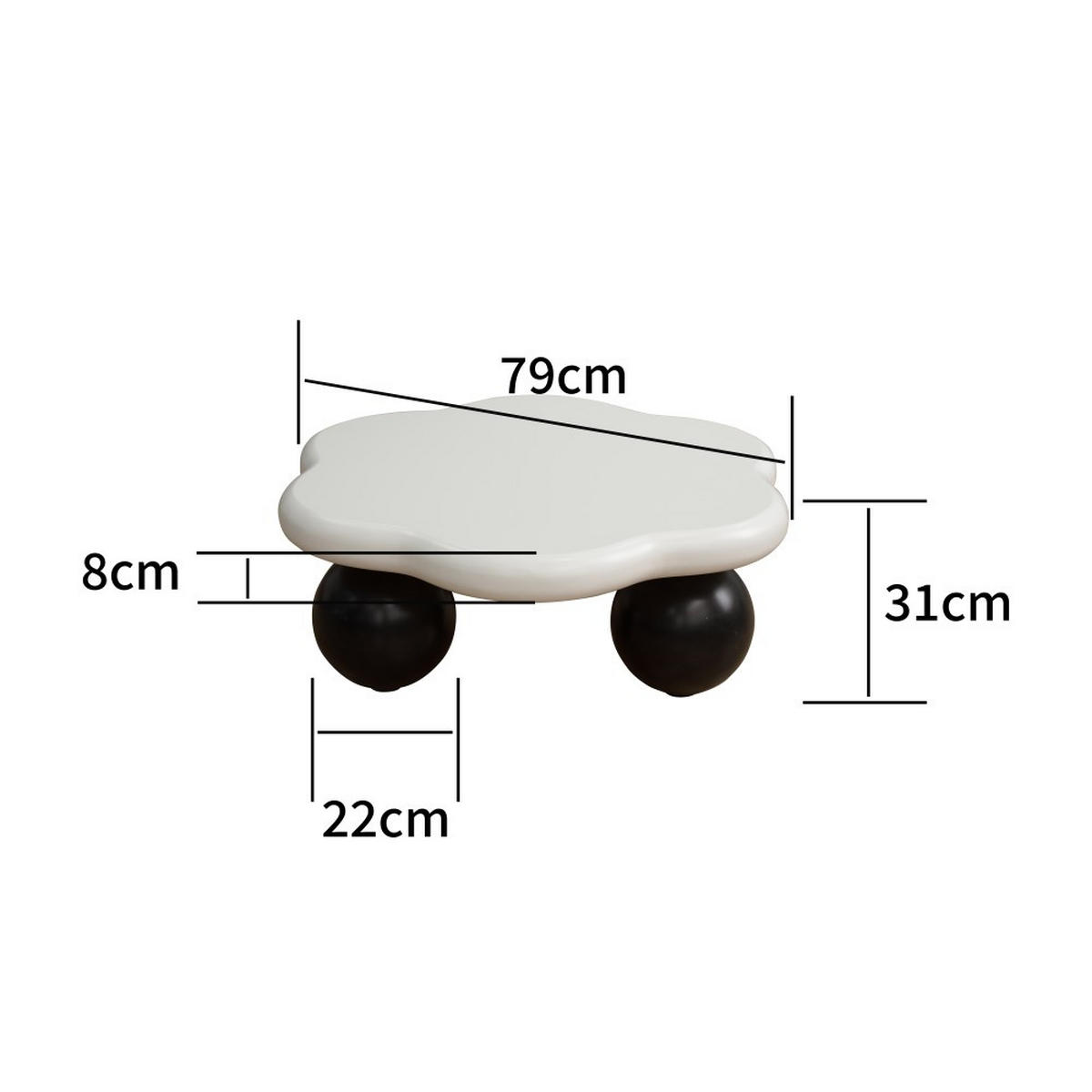 COUCHTISCH wolkenförmig 80 cm mit Kugelfüßen, Kontrast-Design Weiß & Schwarz, Beistelltisch für kleine Wohnungen - Schwarz/Weiß, Holzwerkstoff (79/79/31cm)