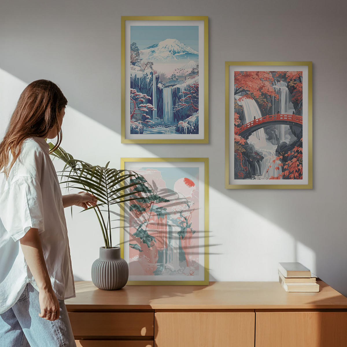 WANDBILDER 3er Set - 40x60 cm Goldrahmen - Wasserfälle, Berge, Brücken, Bäume - Goldfarben, Kunststoff (40/60cm) - ArtPrintCave