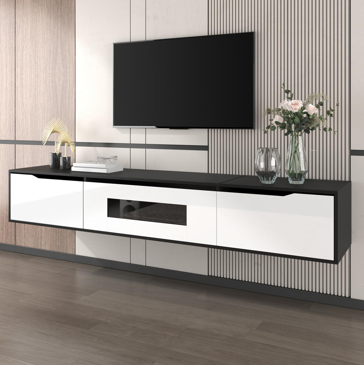 TV-ELEMENT mit LED-Beleuchtung 180 cm Hochglanz Schwarz Weiß - Schwarz, Holzwerkstoff (35/30/180cm) - Beauniv