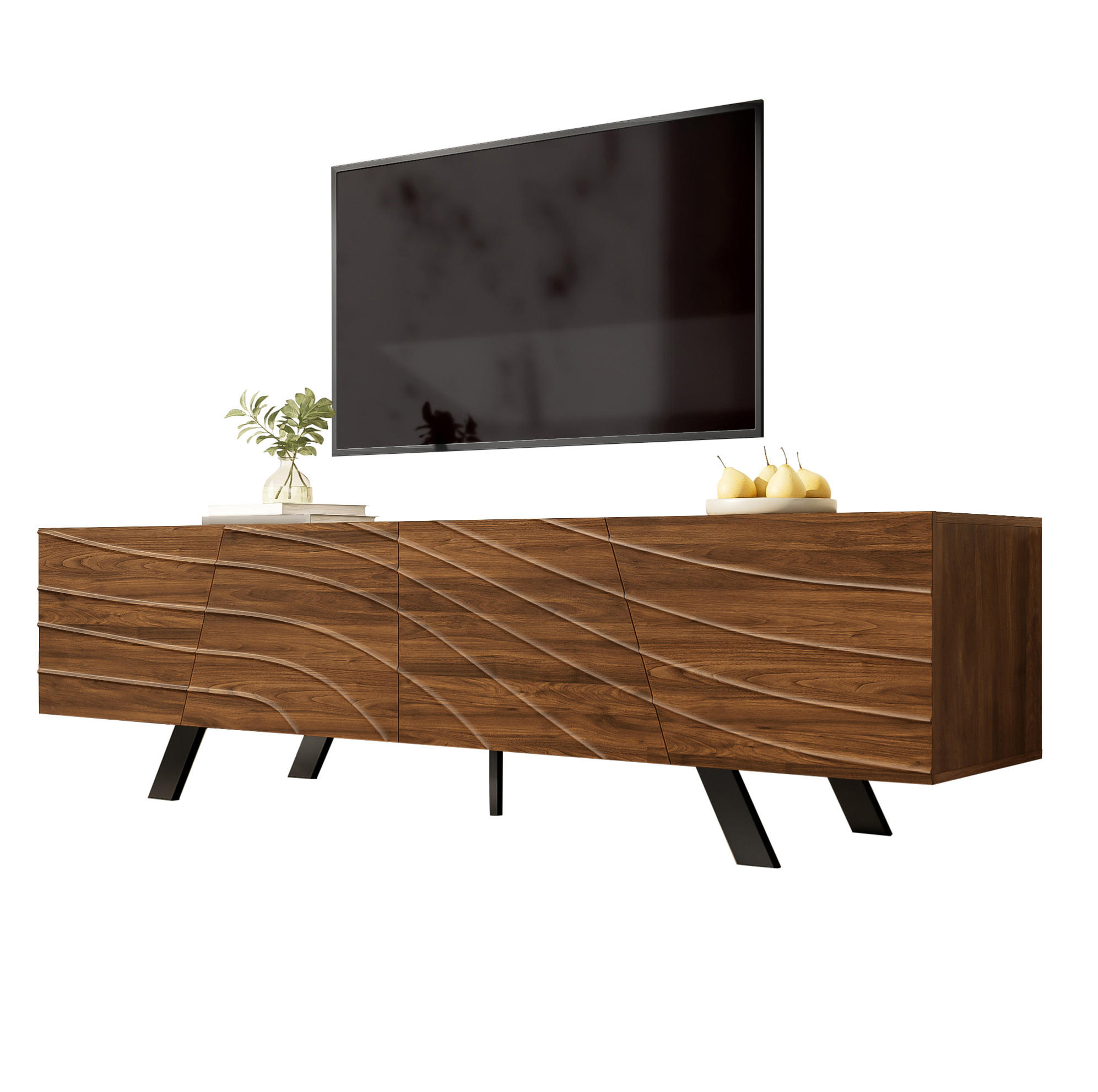 Modfu TV stolek z MDF 160x39x50,5 cm v ořechovém dekoru s vedením kabelů a úložným prostorem, s vlnitou čelní plochou
