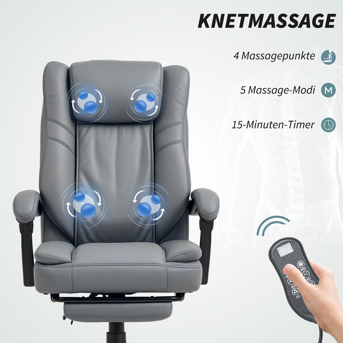 BÜROSTUHL mit Massagefunktion, Grau - Grau, Kunststoff (69/120/64cm) - HOMCOM
