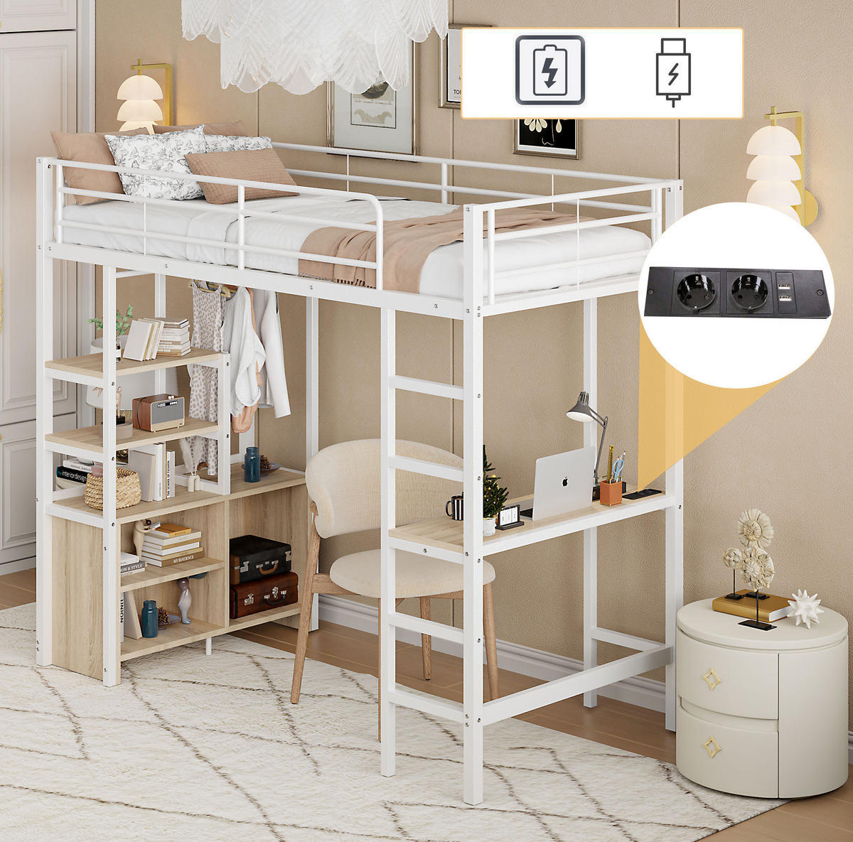 HOCHBETT 90/200 cm in Weiß mit Schreibtisch, Regalen und USB-Anschluss - Weiß, Metall (90/200cm) - Flora Grace