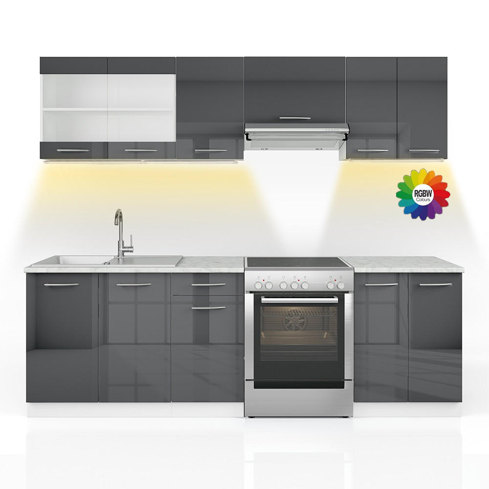 Vicco KUCHYŇSKÁ LINKA R-Line, Antracitový vysoký lesk/Bílá, 240 cm S pracovní deskou s páskem LED