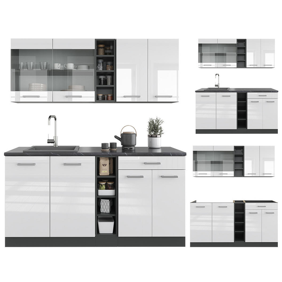 SINGLEKÜCHE R-Line Weiß Hochglanz/Anthrazit 160 cm ohne AP - Weiß Hochglanz/Anthrazit, Holzwerkstoff (160/81.6/46cm) - Vicco