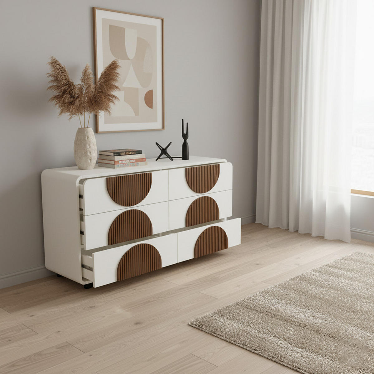 SIDEBOARD Weiß Holzleisten mit 6 Schubladen Geschwungenes Design 121×71 cm - Weiß, Holzwerkstoff (121/71/41cm) - Urban Meuble