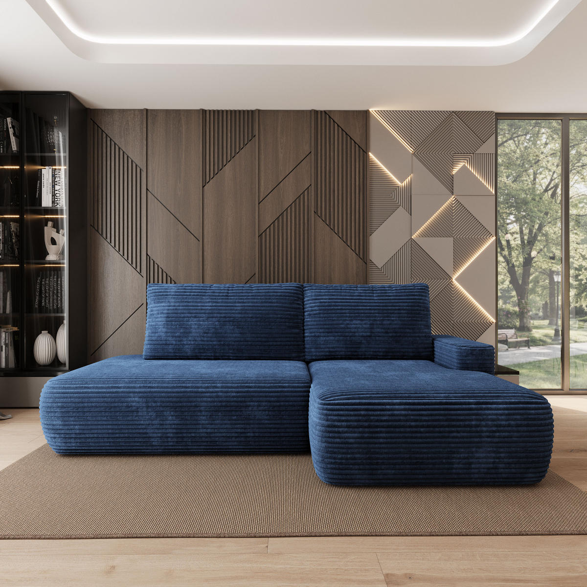 ECKSOFA AVINI T R-S Blau Kordstoff mit Schlaffunktion - Blau, Holzwerkstoff/Textil (277/160cm) - MASSENO