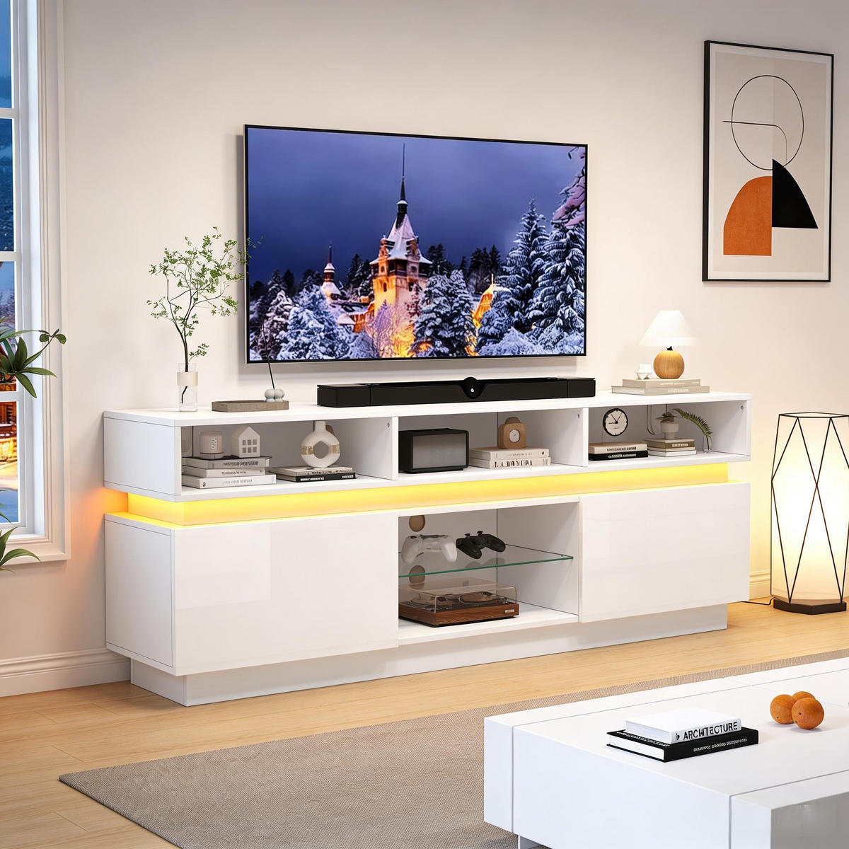 TV-ELEMENT 160/35/60 cm Weiß mit LED-Licht - Weiß, Holz (160/60/35cm) - Oxeza