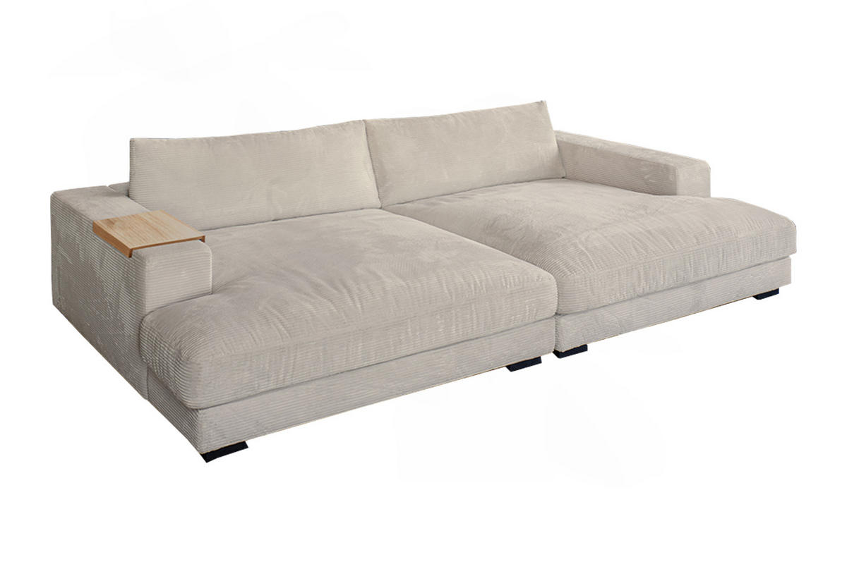 BIG SOFA XL MIT TABLETT NATUR MADELINE Cremeweiß Cord - Creme/Schwarz, Kunststoff/Textil (290/85/190cm) - KAWOLA