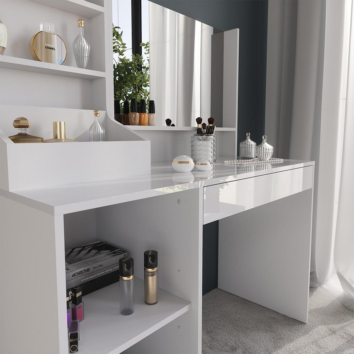SCHMINKTISCH Sherry Weiß/Weiß Hochglanz 119.8 cm 3 Teile - Weiß Hochglanz, Holzwerkstoff (119.8/76/50.1cm) - Vicco