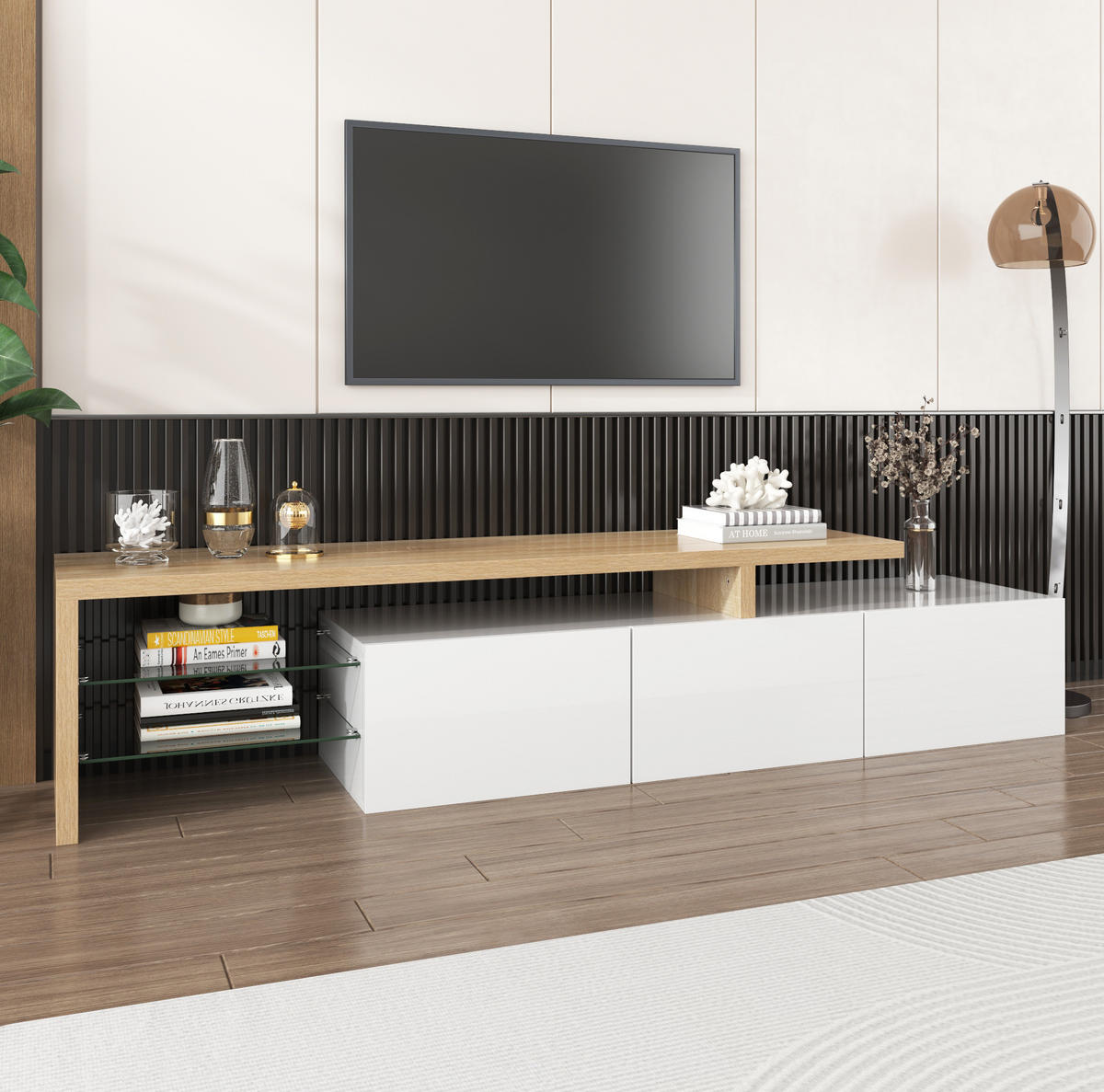 TV-LOWBOARD 197,5/39/42 cm mit 3 Türen und LED-Beleuchtung - Weiß, Holzwerkstoff (197.5/42/39cm) - BEAOK
