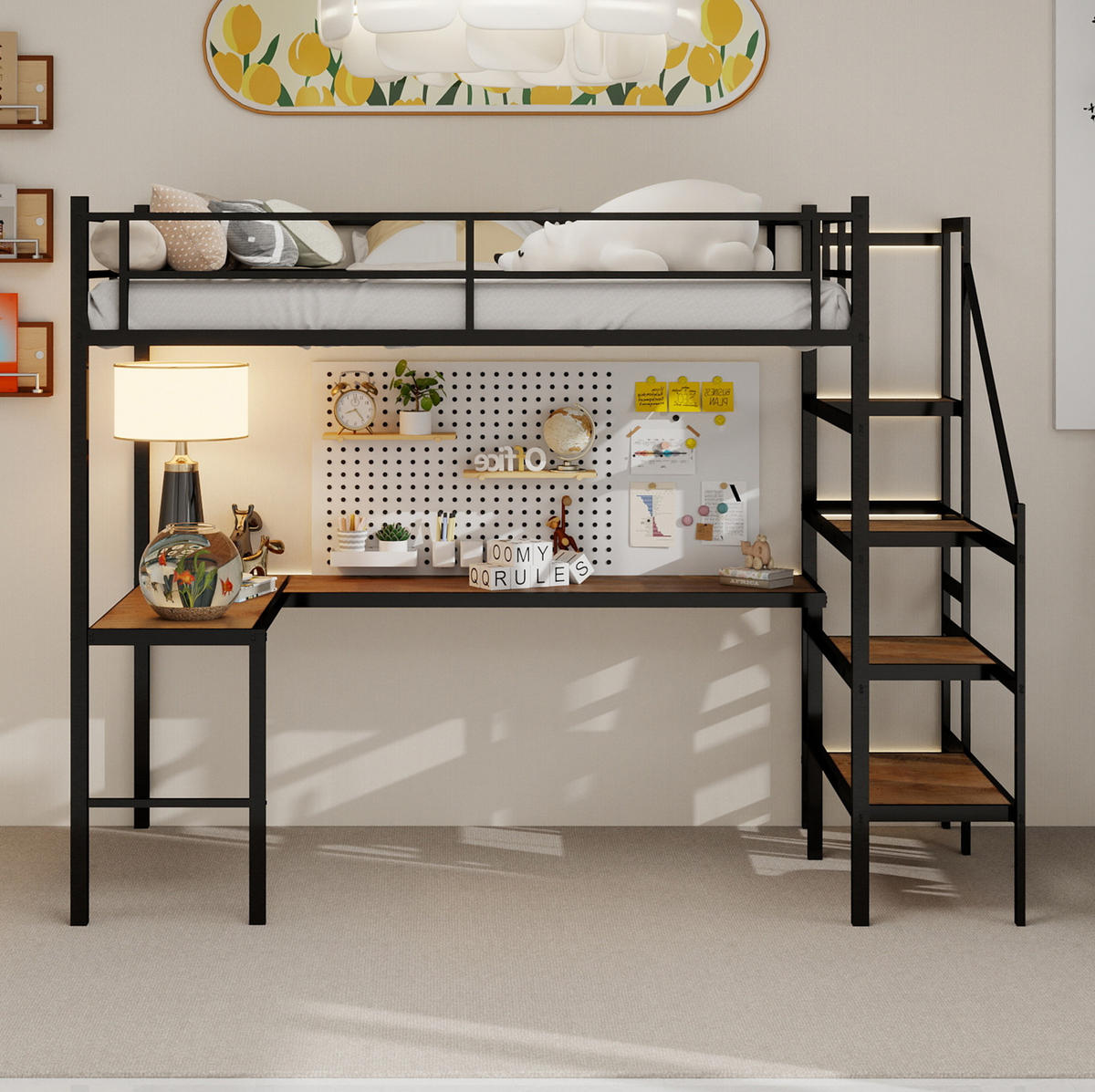 HOCHBETT 90/190 cm aus Eisen mit L-förmigem Schreibtisch und Stauraumtreppe Schwarz - Schwarz, Metall (90/190cm) - Modenvie