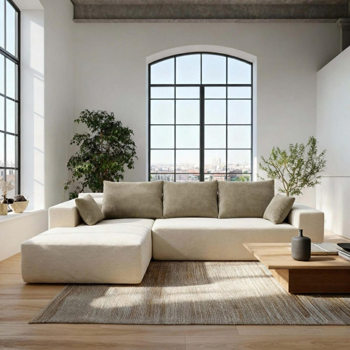 ECKSOFA Luna Weiß Sand 3-Sitzer Links - Weiß/Braun, Textil (267/175cm) - COCO Living