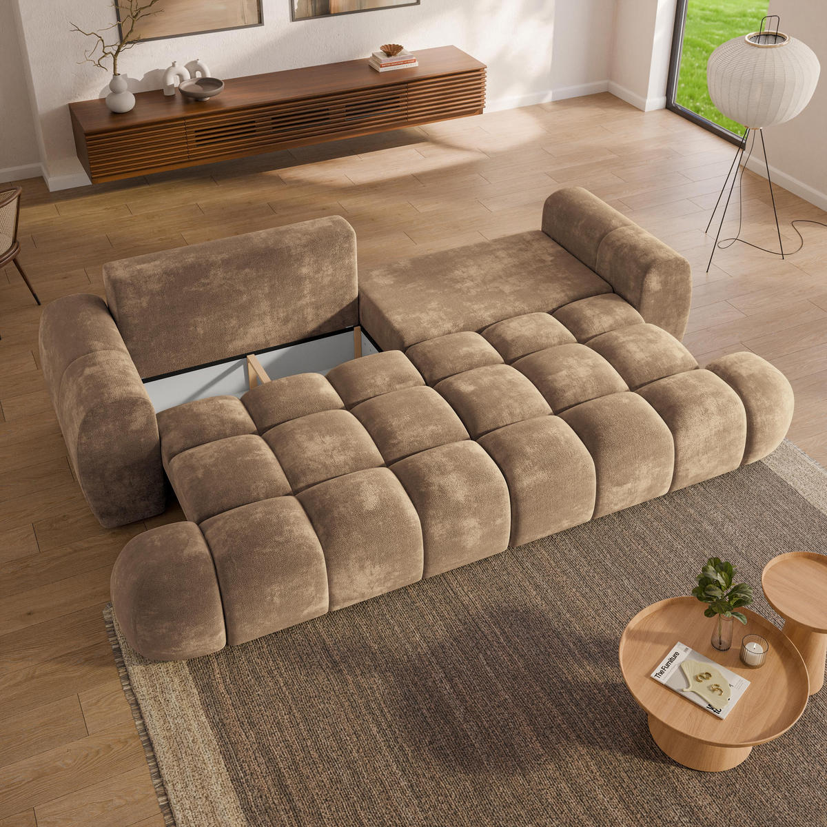 BETTSOFA DAFNE Beige Chenille-Stoff mit Schlaffunktion - Beige, Textil (300/88/113cm) - MASSENO