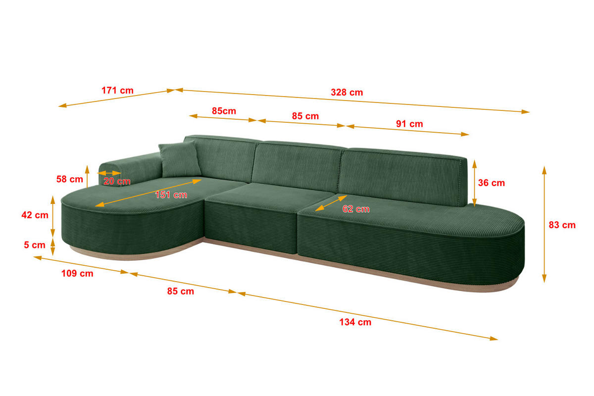 ECKSOFA Ottomane Links MARI-L2-v1 - 328x171x83 cm Grün Cord - Grün, Holzwerkstoff/Textil (328/171cm) - ALTDECOR