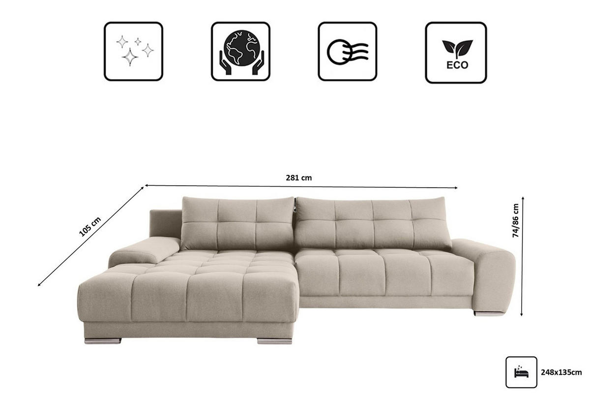 ECKSOFA WAVE Mit Schlaffunktion, Stoff SORO, Hellbeige Links - Creme, Holz (105/281cm) - Kaiser Möbel