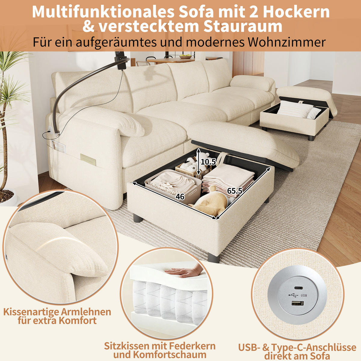SCHLAFSOFA mit 6 Sitzen, Stauraum-Hockern, USB/Type-C und Handyhalter,Beige - Beige, Textil (273.5/81/133cm) - EVRYAE