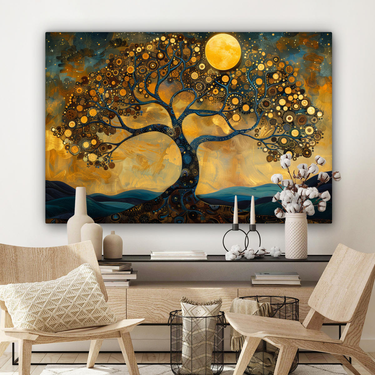 LEINWANDBILD Baum - Mond - Blumen - Gold - Kunst Groß 140x90 cm - Orange, Textil (140/90cm) - MuchoWow